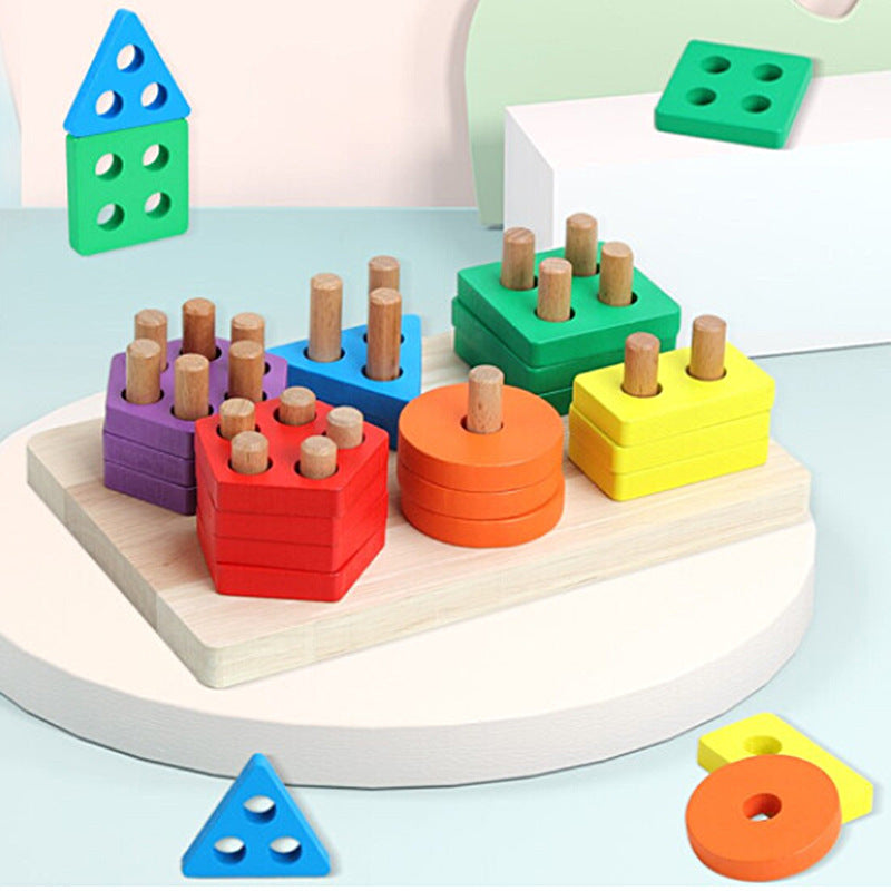 Intelligence Six Sets of Columns – Wooden Shape Sorting & Stacking Toy (18+ Months)