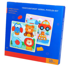 Vehicle & Forest Animal Puzzles Set – Wooden Developmental Toy (18+ Months)